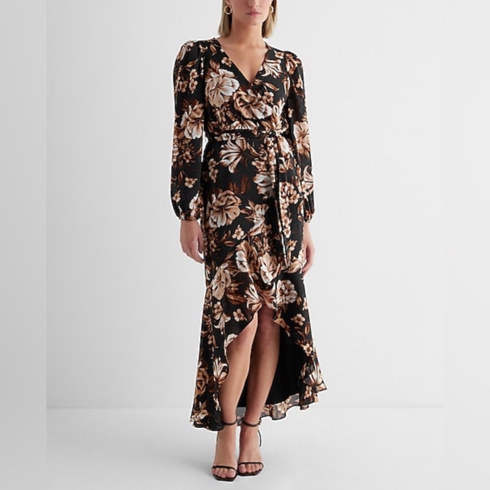 NWT Express Floral Surplice Ruffle Hi-lo Maxi Dress - size Small